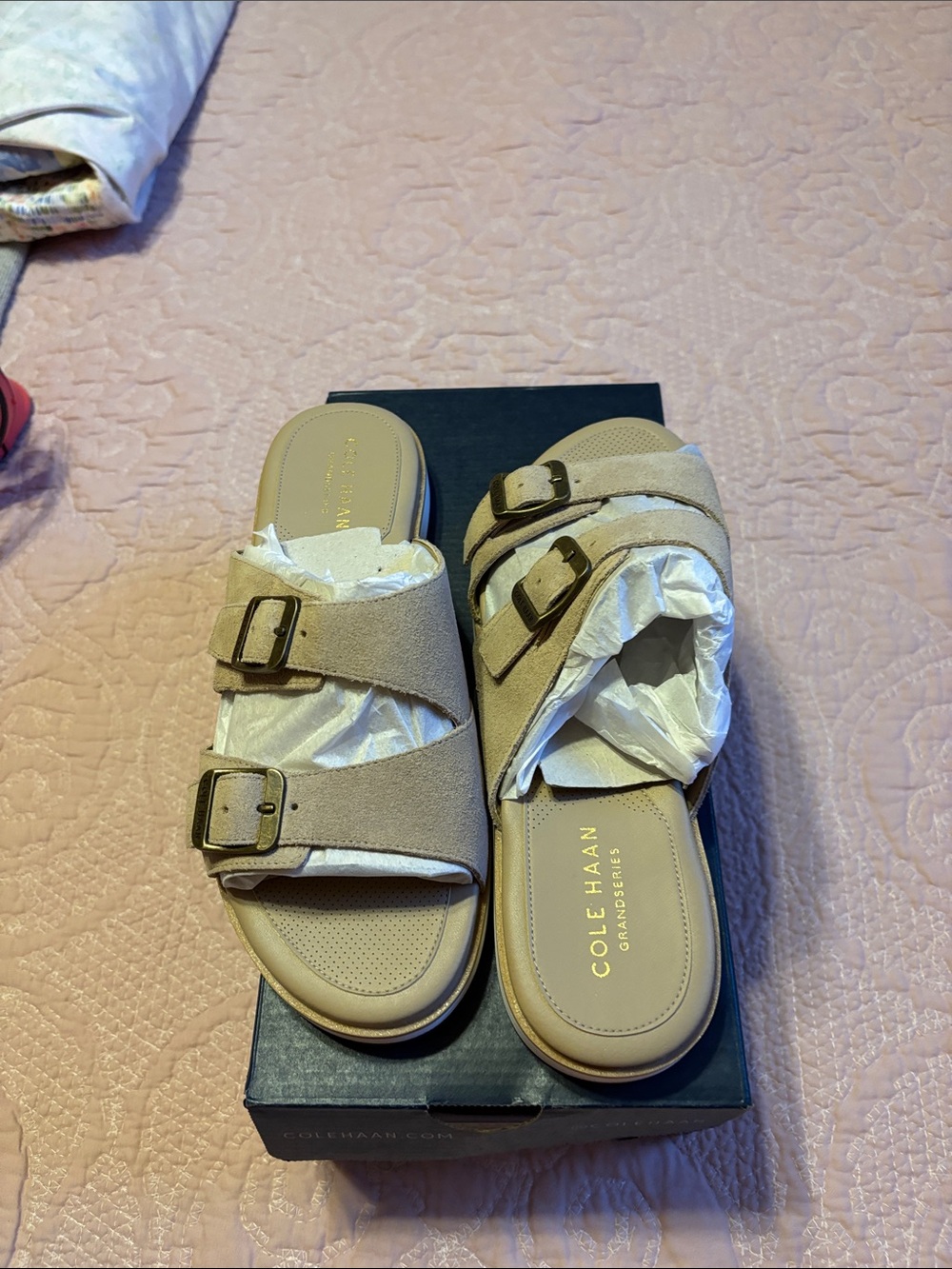 Cole Haan Taupe Suede Double-Buckle Slide Sandals